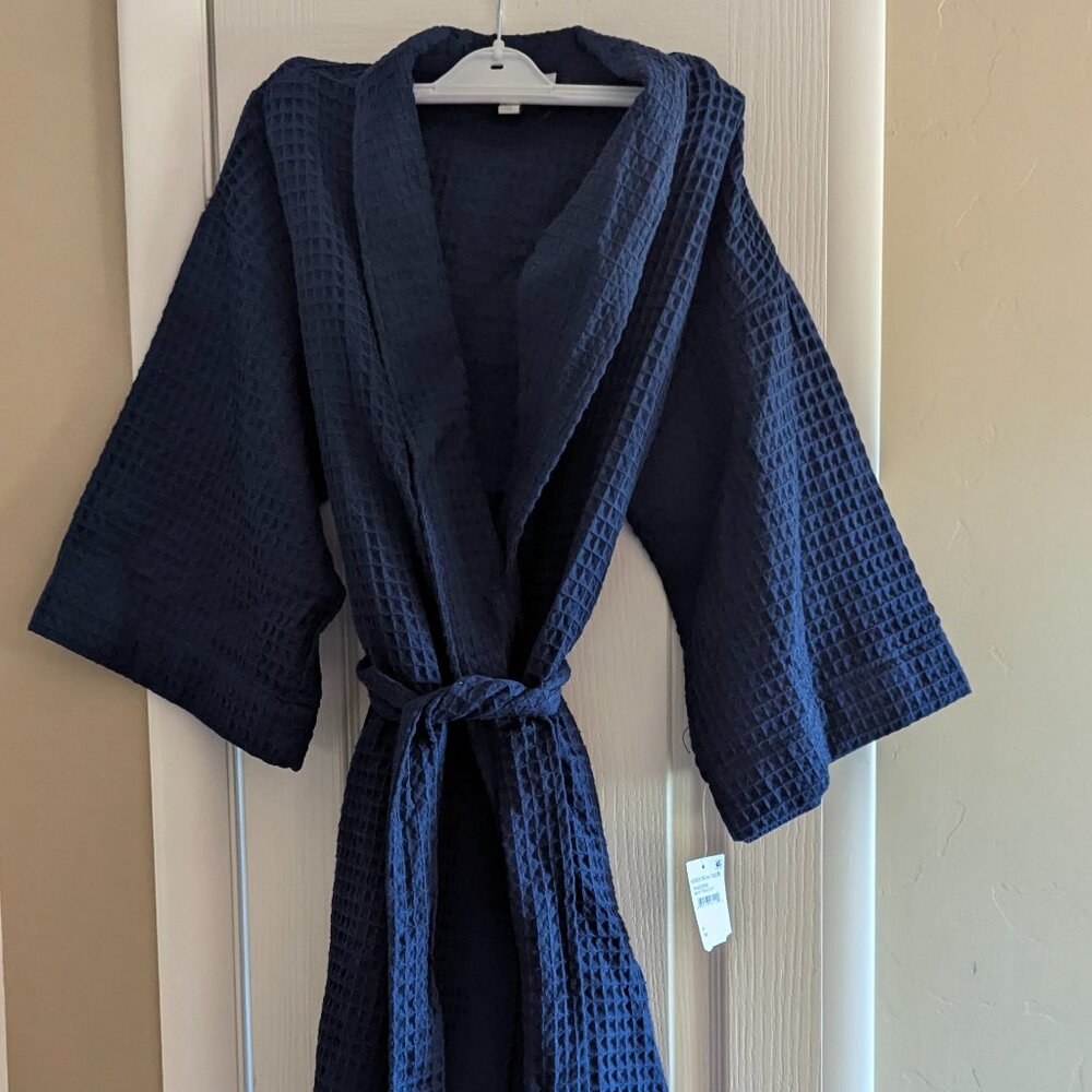 New Nordstrom Rack Robe Navy Belted Waffle Long Sleeve Solid Size M NWT